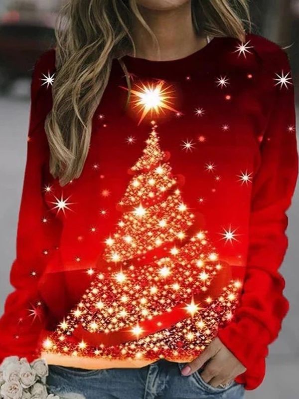 Autumn And Winter Christmas Print Round Neck Pullover Long Sleeve Fleece Hoodie Woman