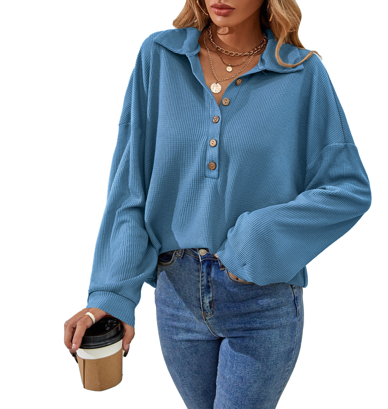 Women's New Autumn And Winter Lapel Button Solid Color Long-Sleeved Top T-Shirt