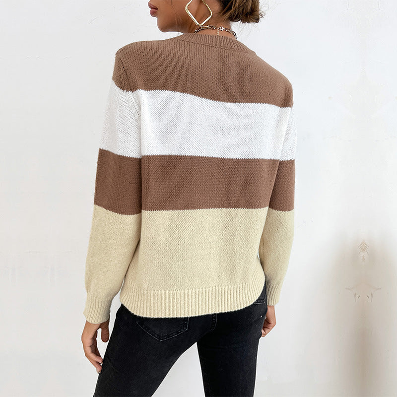 Women's Casual Color Match Long-Sleeved Crewneck Sweater