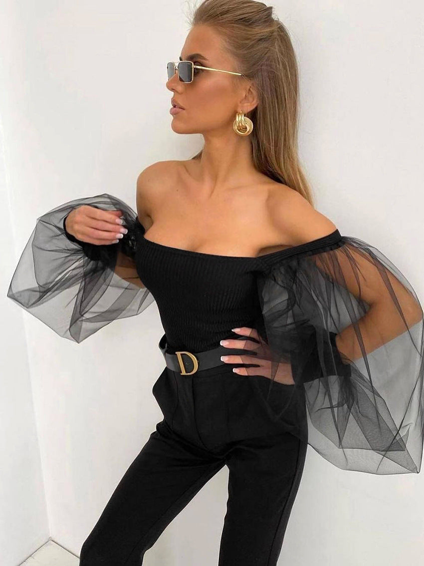 Spring New Sexy One-Line Collar Black Gauze Long-Sleeved Puffy Sleeve Top Niche