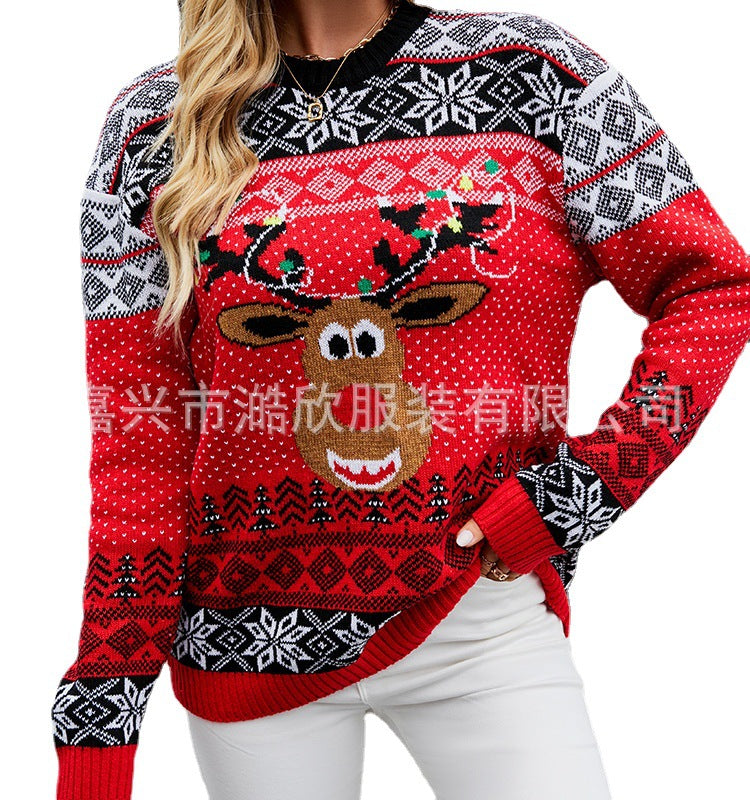 Autumn And Winter Christmas Red Deer Head Pullover Women's Sweater Christmas New Knitwear Women