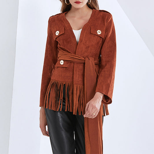 New Fashion Lace-Up Bib A Variety Of Wear With Fringe Slim Horn Long-Sleeved Coat