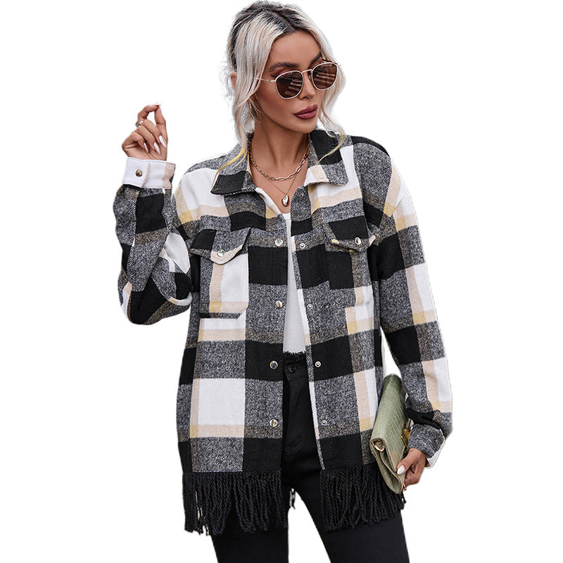 Autumn New Plaid Print Long-Sleeved Coat Women Design Sense Of Furred Edge Lapel Jacket Women