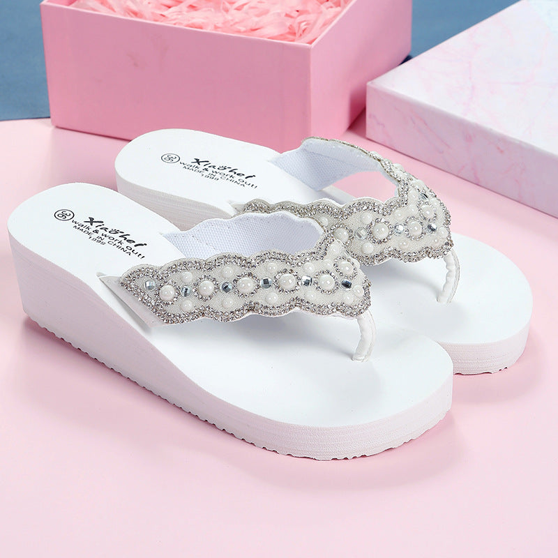 Women's Slippers Summer Breathable Pearl Flip-Flops Wear Stylish Eva Wedges With Clip-On Beach Vacation Flip-Flops