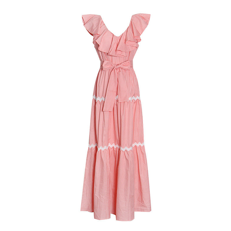 Fashion Early Spring New V-Neck Ruffled Check Splicing High Waist A Word Big Swing Temperament Long Dress Woman