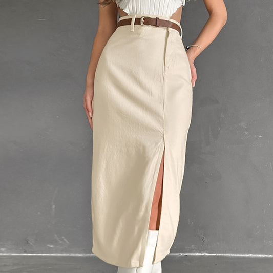 Apricot Cotton Straight Cylinder Slit Commuter Slim High Waist Skirt New Fashion Women's Dress