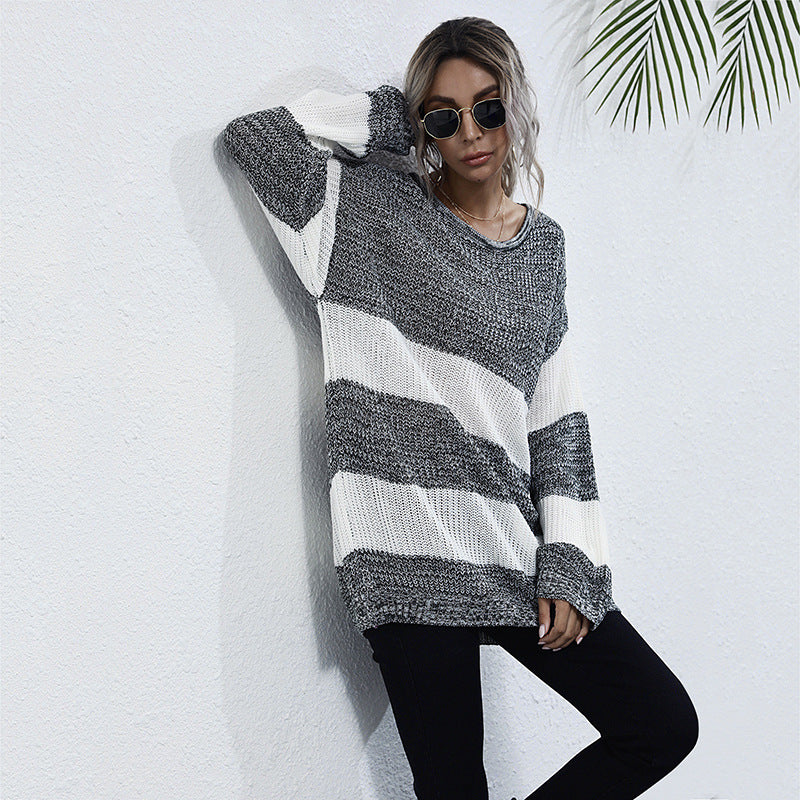 Striped Matching Color Sweater With Sweater Women's Medium Length