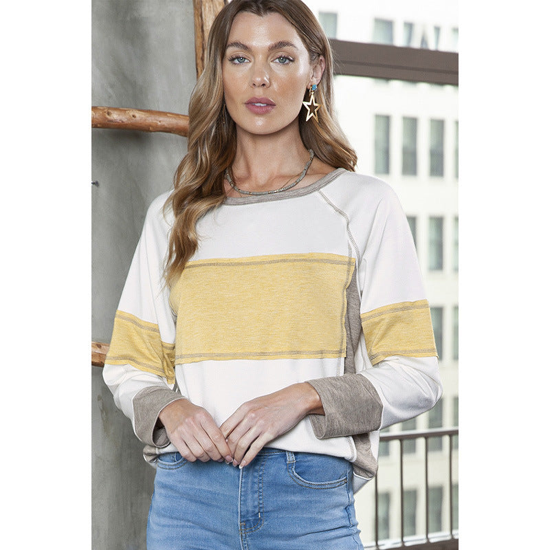 Autumn New Spliced Round Neck Long Sleeve T-Shirt Women Fashion Color Contrast Loose Undershirt Women