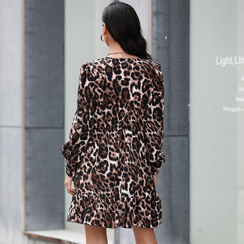 Vintage Women's Autumn And Winter Print Leopard Print Slim Long-Sleeved Dress