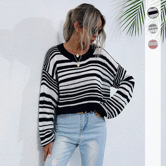 Autumn Round Neck Long Sleeve Bottom Knit Sweater Short Striped Sweater Woman