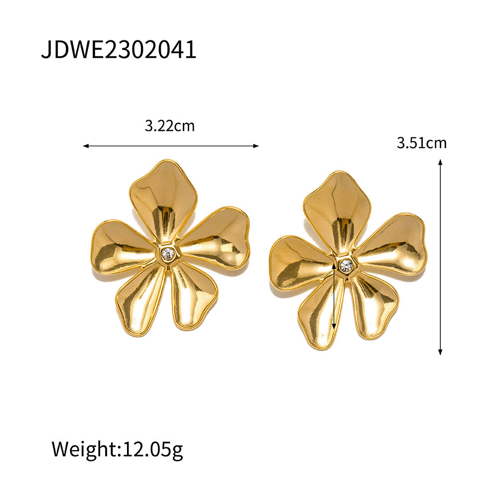 5pcs Palace Style Gold Lucky Five-Leaf Diamond Earrings Stainless Steel Studs Earrings