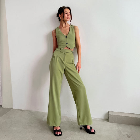 Spring Fashion Casual Suit Solid Color Sleeveless V-Neck Vest High Waist Straight Trousers And Trousers Two-Piece Set