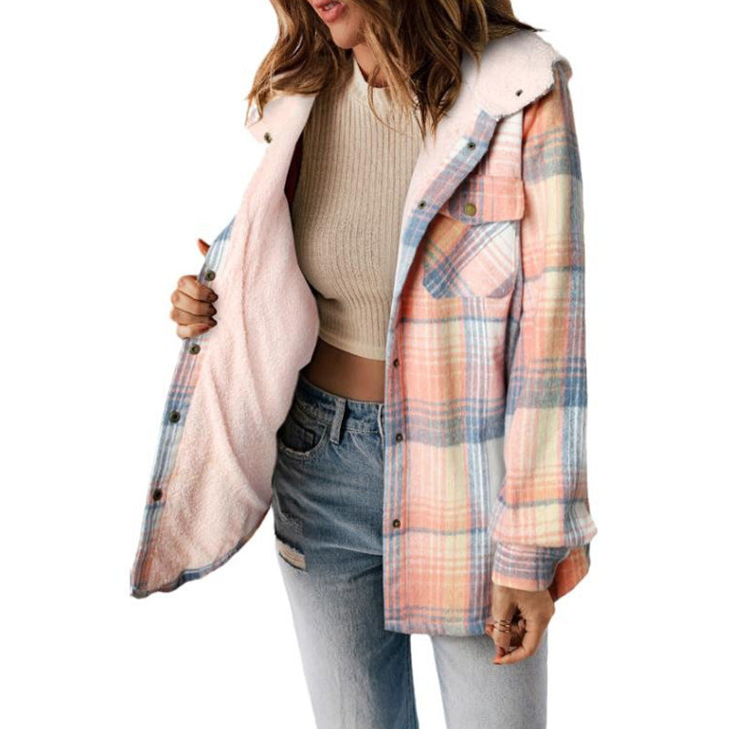 Winter New Casual Plaid Hooded Coat Woman Thick Plus Fleece Warm Jacket Woman