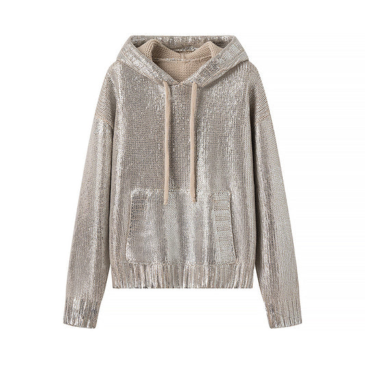 New Silver Metal Rib Hooded Long-Sleeved Drawstring Pullover Sweater