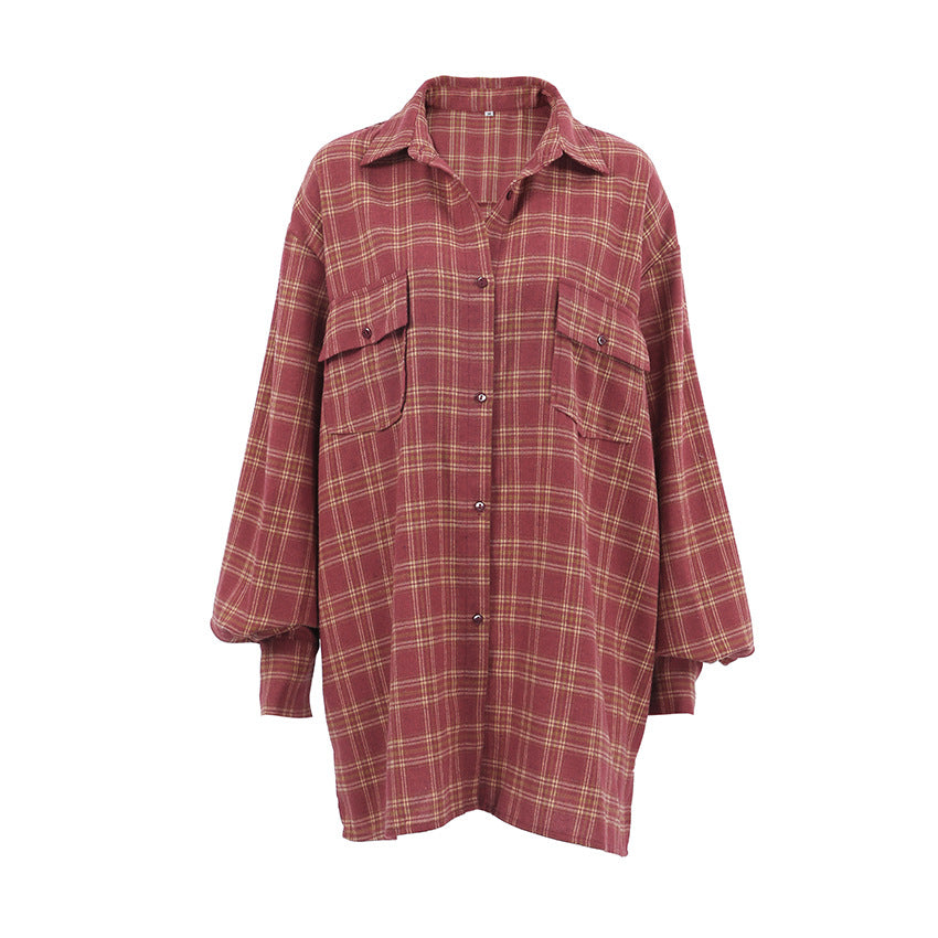 Autumn New Vintage American Red Scottish Plaid Vintage Shirt Women's Casual Loose Long-Sleeved Shirt