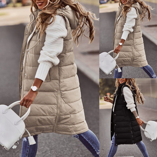 Solid Color Hooded Single Breasted Medium Long Cotton-Padded Vest Slim Temperament Cardigan Coat Top