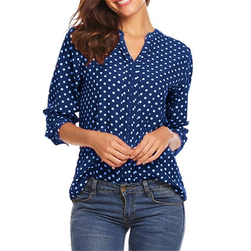 Large Size New Shirt Polka Dot Print V-Neck Long Sleeve Sleeve Loose Ladies Lining