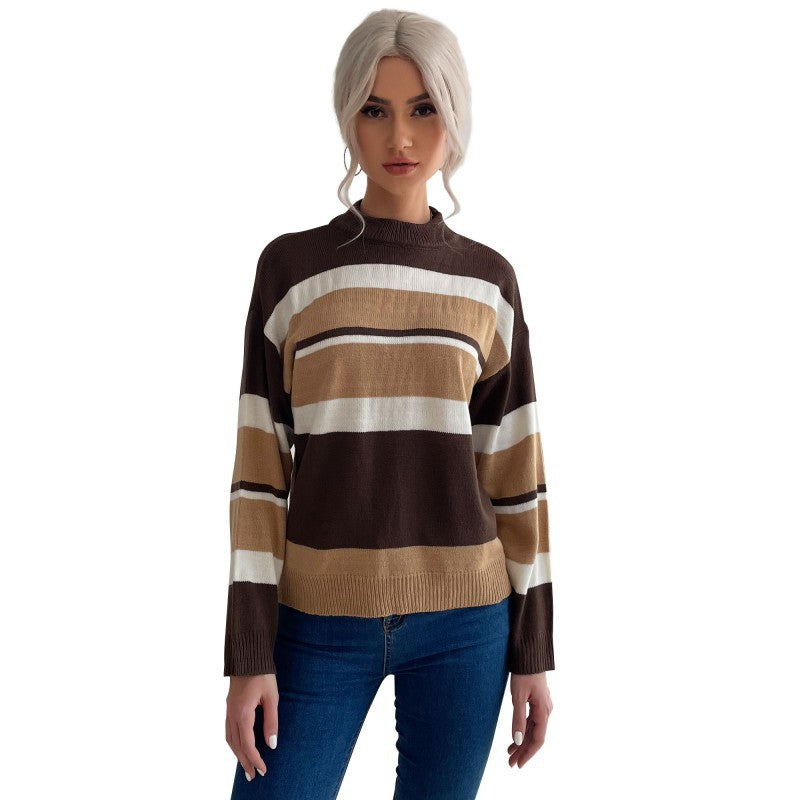 Women's Patchwork Color Contrast Long-Sleeved Half-Turtleneck Sweater