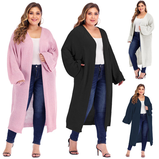 Large Size Women's Loose Pocket Bat Sleeve Lantern Sleeve Long Woven Cardigan Sweater Sweater Coat Women