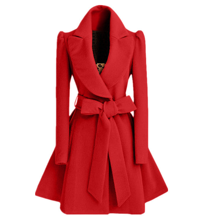 Women's Woolen Coat Belted Slim Tweed Coat Trench Coat