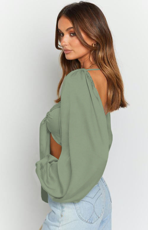 Solid Color Sexy Square Collar Strap Long Sleeve Bm Top Autumn Ultra Short Sleeved Sleeved Chiffon