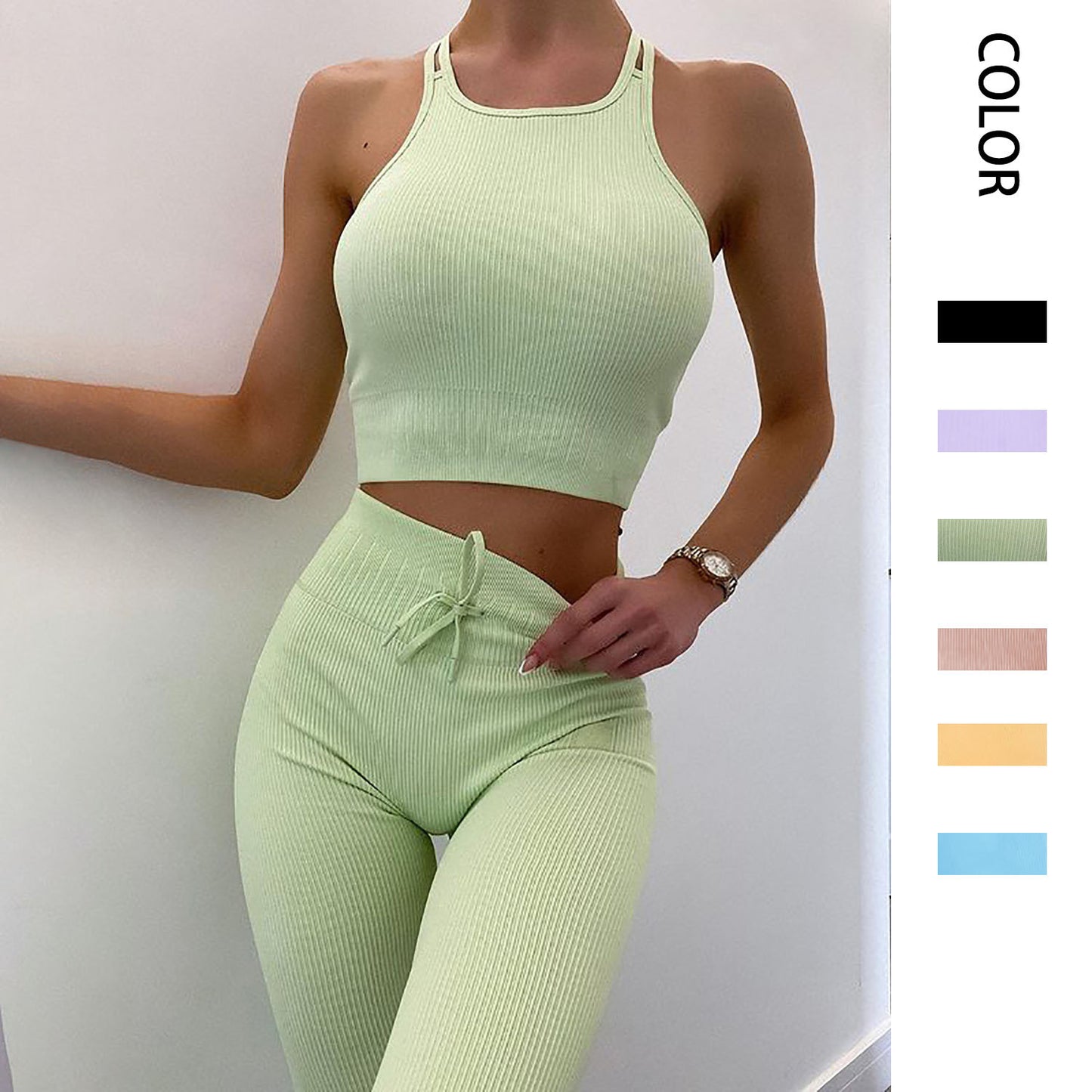 Solid Color Striped Yoga Suit High-Neck Bra With Straps Tight Pants Sports Fitness Pants For Women