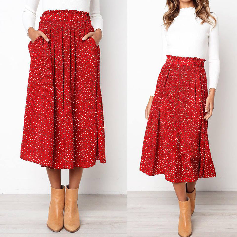 Stylish Polka Dot Sweet Pocket Pleated Skirt Long Skirt