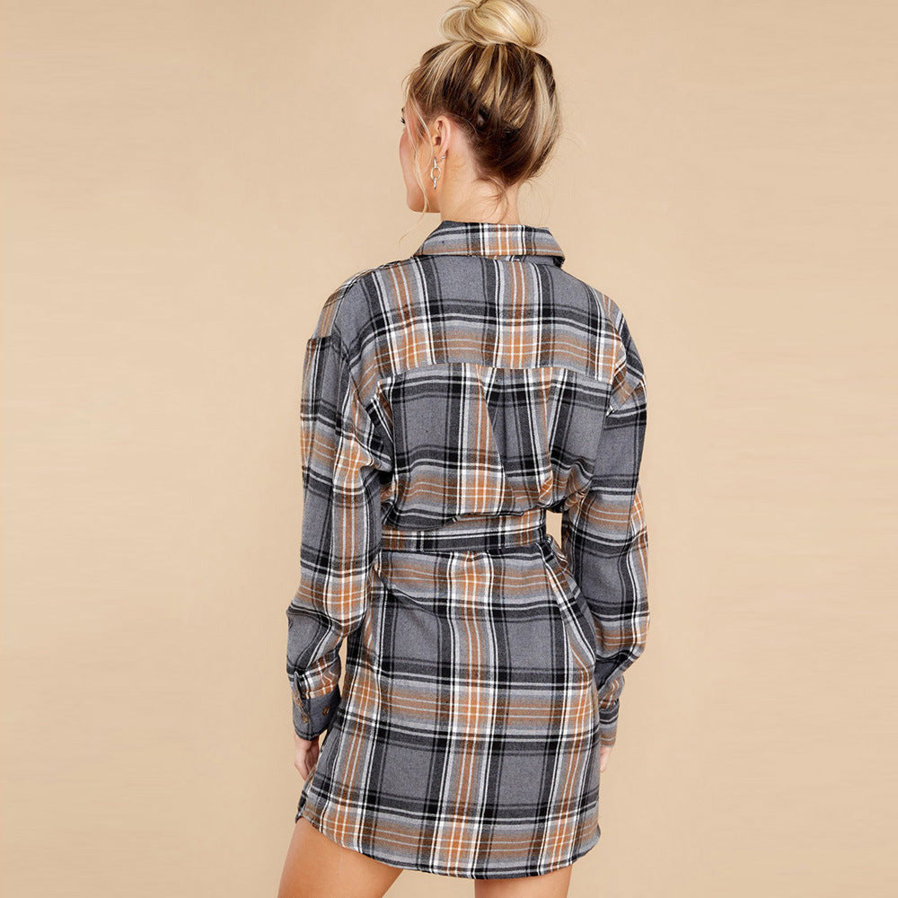 Autumn And Winter New Plaid Print Dress Women Loose Lapel Long Sleeve Knee Skirt