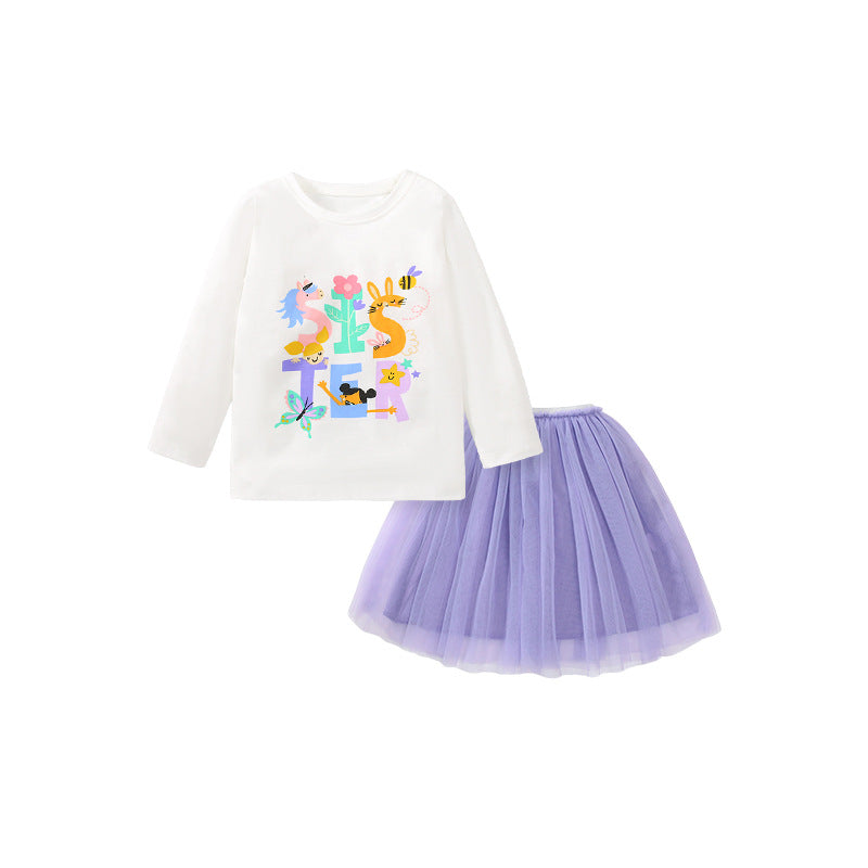 Children's Dress Set Pure Cotton Mesh Princess Dress Autumn Long-Sleeved Girls' Dress