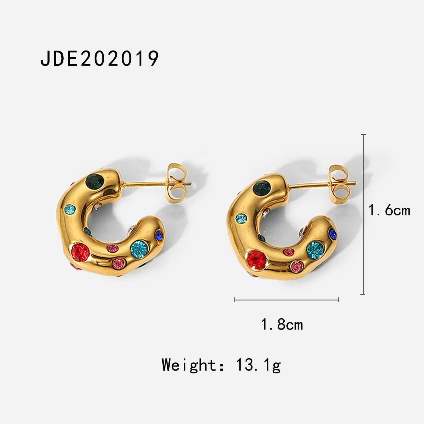 5pcs Shaped Hammer Pattern Inlaid With Zircon Inlaid Pearl C-Shaped Earring 18K Gold Stainless Steel Earrings