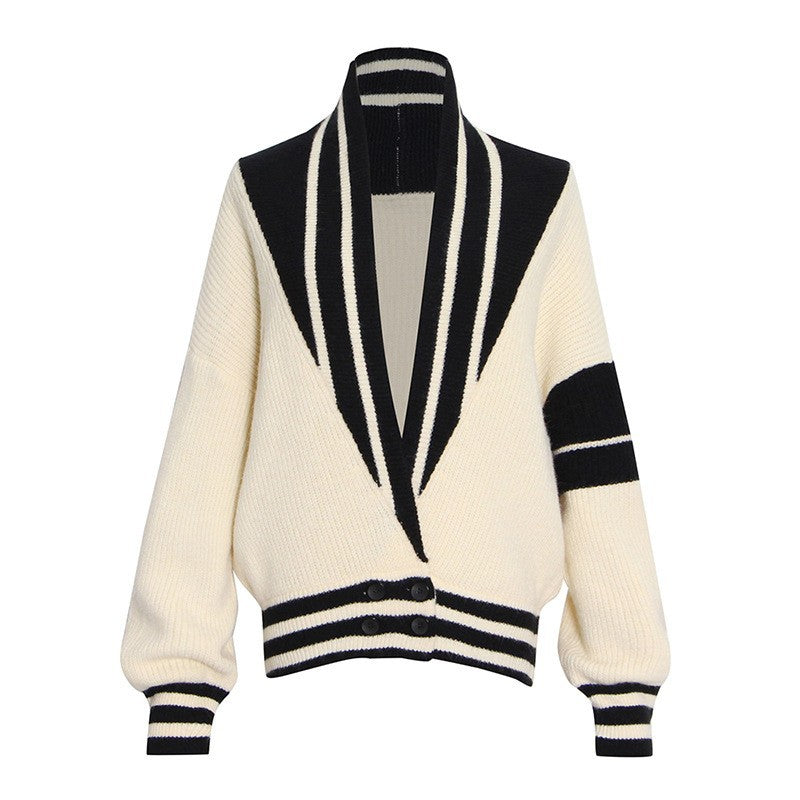 Sweater New Fashion Cardigan Black And White Color Patchwork Bat Sleeve Loose Knit Shirt Top Woman