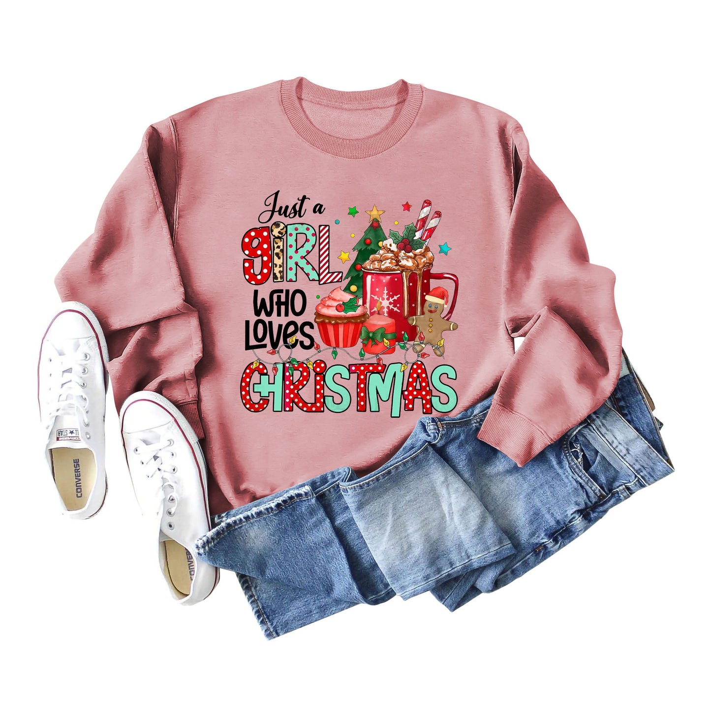 Just A Girl Who Letters Christmas Bottom Crewneck Long-Sleeved Hoodie