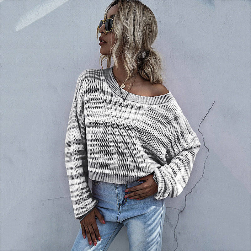 Autumn Round Neck Long Sleeve Bottom Knit Sweater Short Striped Sweater Woman