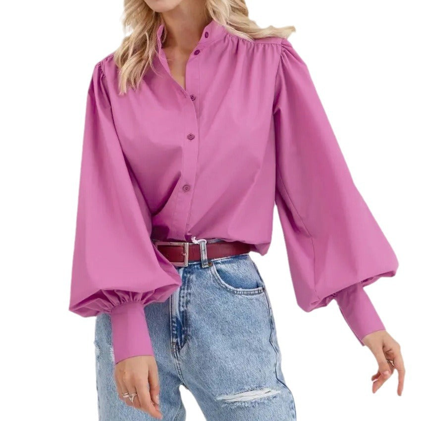 Spring Fashion Temperament Wildberries Solid Color Lapel Shirt Sleeves Casual Commuter Women's Wear