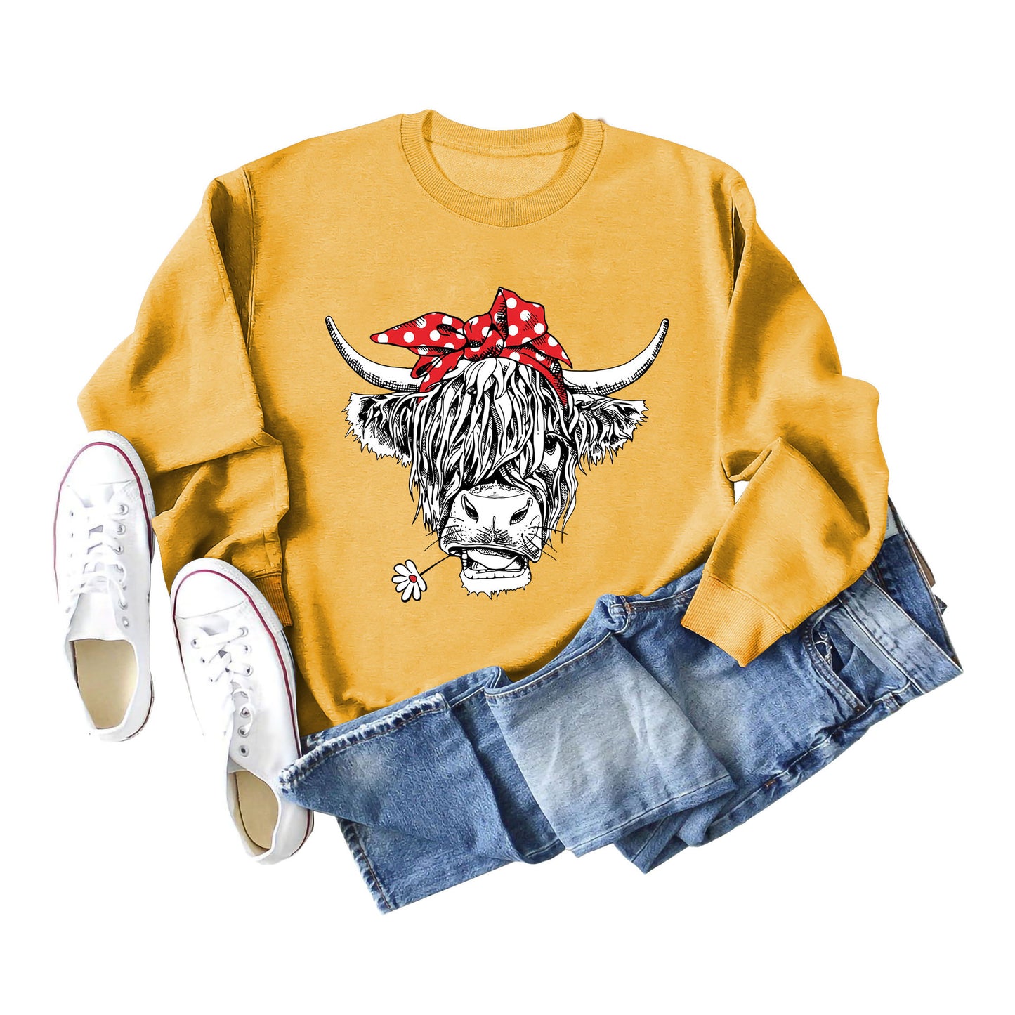 Casual Long Sleeve Crewneck Red Bow Cow Fun Print Loose Women's Hoodie