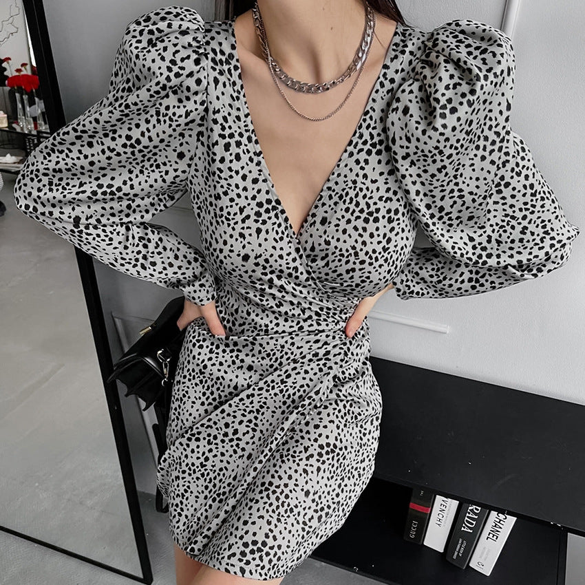 Sexy V-Neck Puffy Sleeve Print Wrap Dress New Spring Fashion Skirt For Women