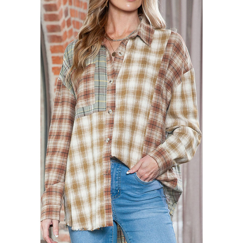 Casual Loose Plaid Printed Shirt Women Fall New Color Contrast Lapel Long-Sleeved Blouse Women