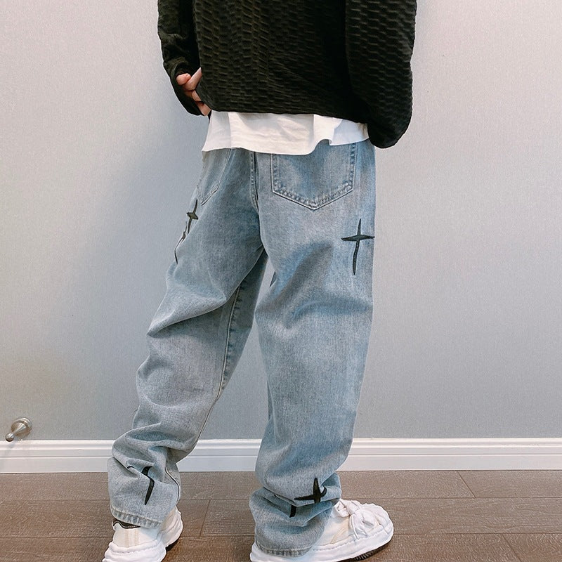 Men Straight Leg Loose Spring And Autumn New Casual Men's Nine Points Pants Port Wind Wide Leg Pants Jeans