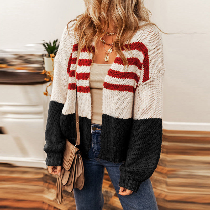 Winter New Striped Color Cardigan Sweater Women Casual Lazy Wind Down Shoulder Knit Cardigan Woman