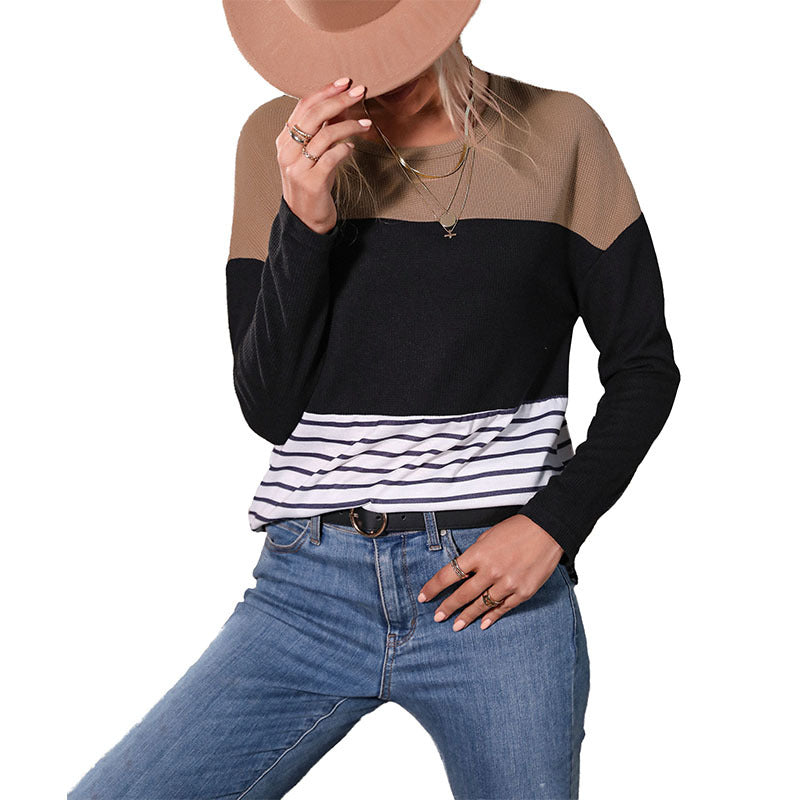 For Generation Of Casual Women's Long-Sleeved Patchwork Loose Striped Knitwear