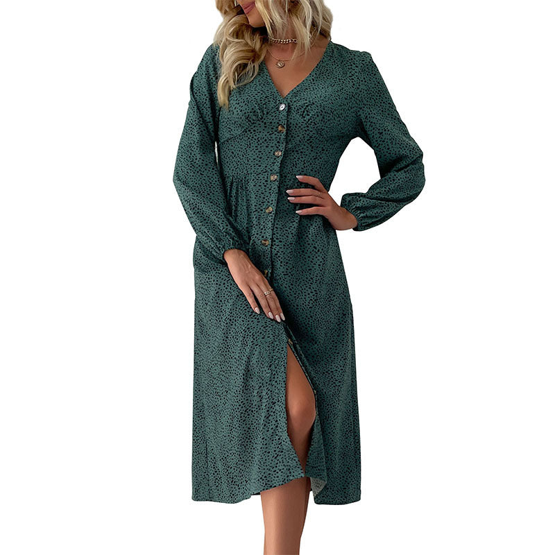 Fashion Women's Temperament V-Neck Single-Breasted Long-Sleeved Dress Autumn