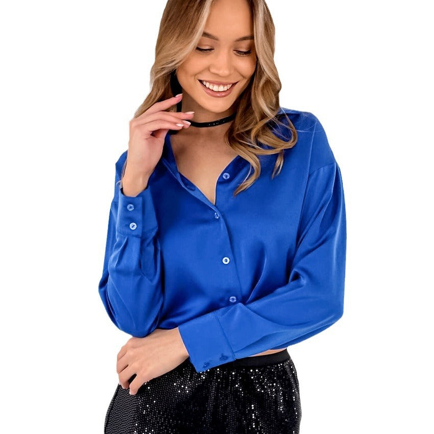 Spring Sexy Temperament Color Satin Satin Midriff Long Sleeve Short Top Commuter Cardigan Shirt For Women