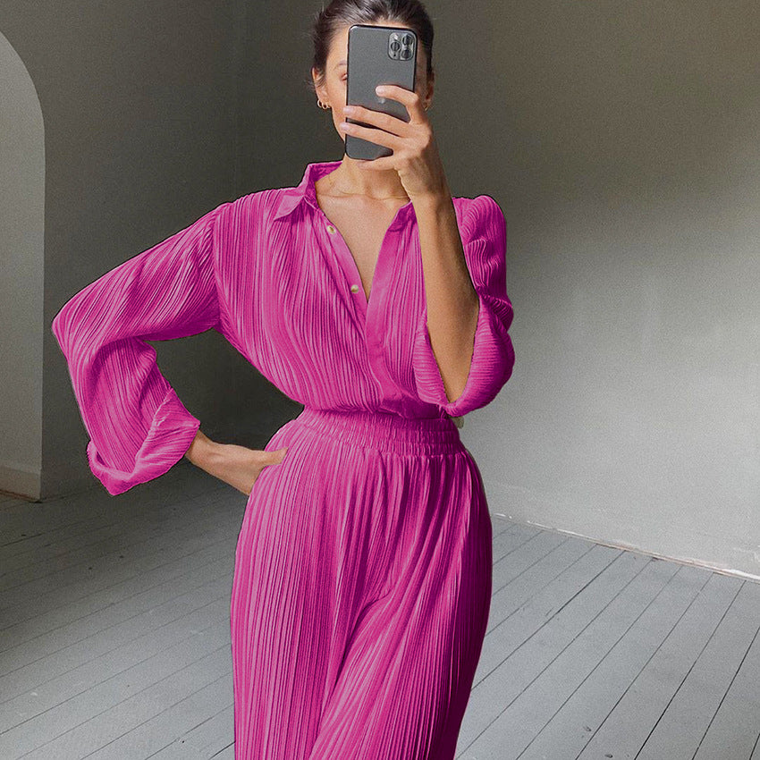 Autumn And Winter New Long-Sleeved Lapel Pleated Shirt Women's Wide-Leg Floor-Length Pleated Pants Suit Solid Color