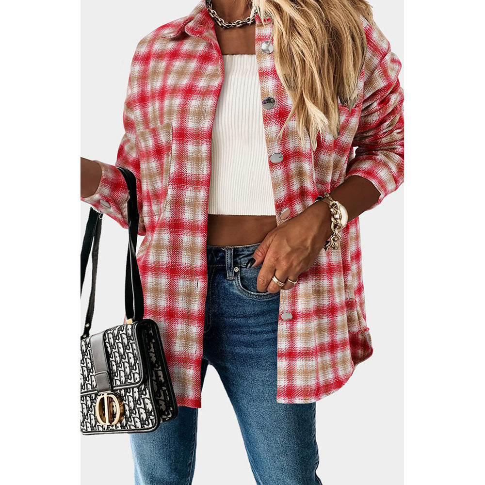 Casual Mid-Length Plaid Jacket Women's Loose Cardigan Lapel Shirt