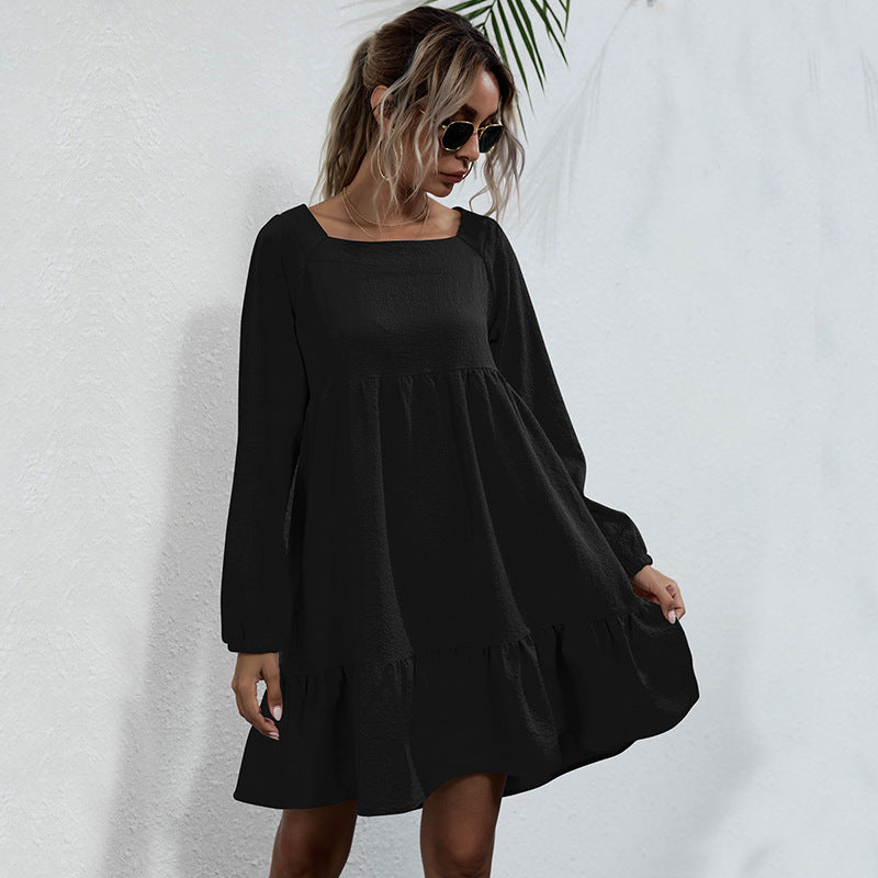 Fashion Women's Backless Ruffled Square Collar Loose Long-Sleeved Dress