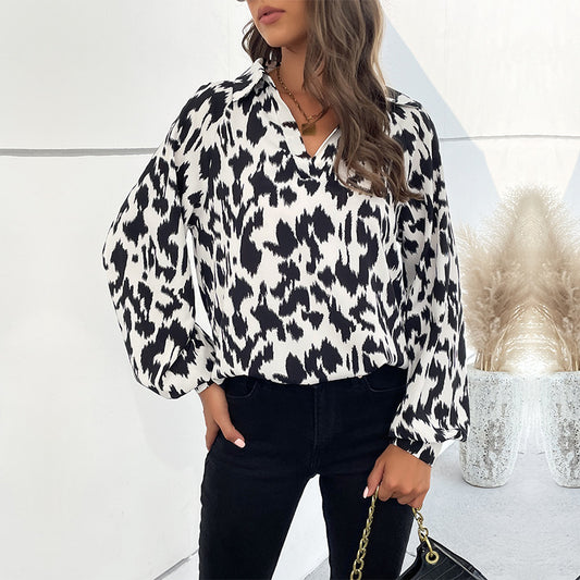 Women's New Lapel Long-Sleeved Leopard Print Shirt Women