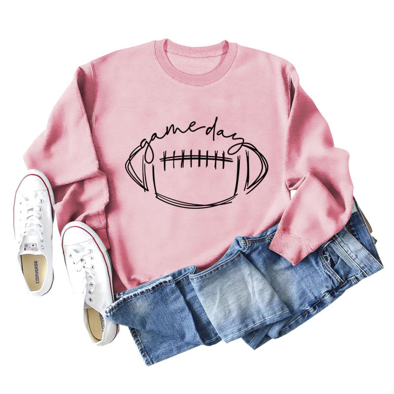 Game Day Rugby Letter-Printed Crew-Neck Fashion Long-Sleeved Hoodie With Base