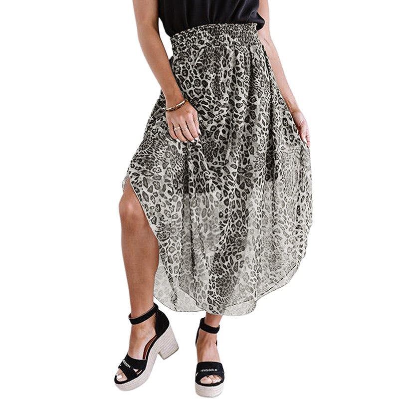 Summer Long Skirt Women Draw Pleated Waist Leopard-Print Skirt Women Hot Sell Side Slit High-Waisted Chiffon Long Skirt