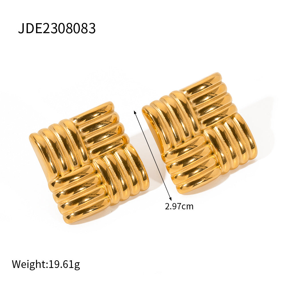 5pcs Fashion Personality Earrings 18K Gold Stainless Steel Square Texture Earrings Temperament Earrings