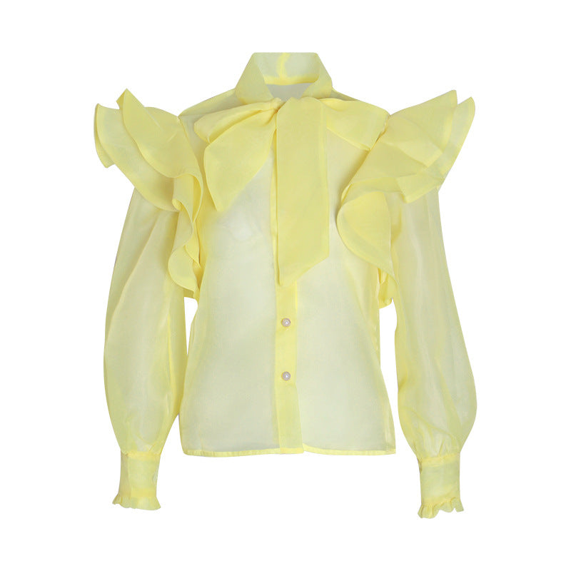 Palace Style Thin Organza Blouse For Women Spring Bow Tie With Stand-Up Collar Lantern Sleeve Slim Blouse For Women